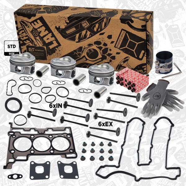 TS0057VR2, Gasket Kit, cylinder head + bolts + pistons + valves, ET ENGINETEAM, Ford B-Max C-Max Fiesta Mondeo Focus Transit Courier Tourneo Connect SFCA M1CA 1,0 EcoBoost 2014+, CM5G6505FA, 1760589, 1760588, CM5G6505EA, 1760579, CM5G6507CB, 1804813, 1760313, CM5G-6065-EA, 1939521, DM5G6051AA, 1771609, CM5G6051GC, 1832679, CM5Z-6108-D, CM5Z6108D, 181118, 41949600, 854250, R6820/RCR, V95178, 181120, 857020, R6819/SNT, V95156