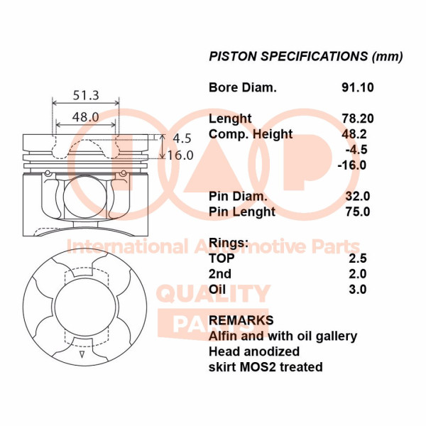 100-12038, Piston with rings and pin, IAP QUALITY PARTS, Mitsubishi L200-III 2,5DiD 4D56 2009+, 20MI040, 1110B977, 1110B986, 1110B987, 1110B988, 1110B989, 1110B990, 1110C592, 1110C593, 1110C594, 1110C595, 1110C596, 1110C597
