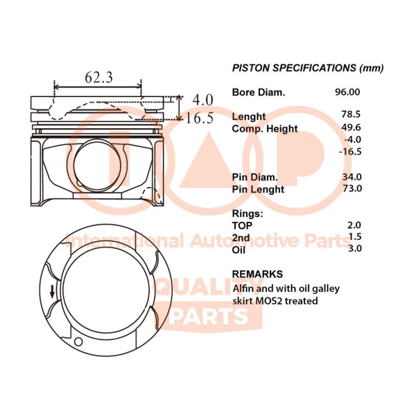 100-17065, Piston with rings and pin, IAP QUALITY PARTS, Toyota Hilux-III/IV Land Cruiser 150 3,0TDi 1KD-FTV 2008+, 13011-30160, 13101-30170, 13103-30170, 13104-30170, 13105-30170, 40960BDB
