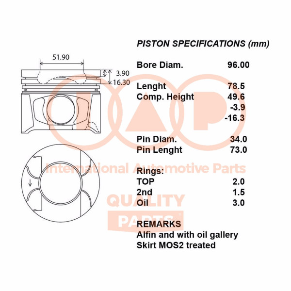 Piston with rings and pin - 100-17169 IAP QUALITY PARTS - 20TO051, 130110L030, 13011-0L030